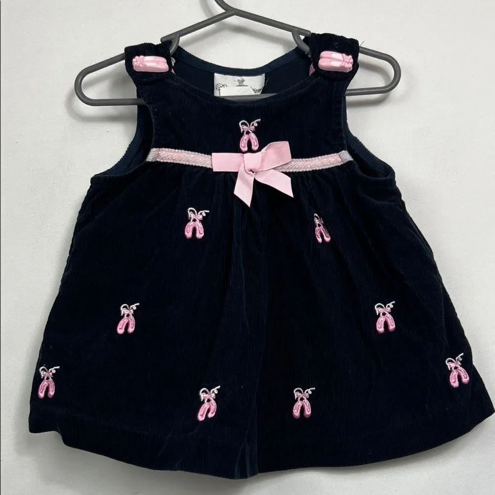 Rare Editions Navy Blue Corduroy with pink ballet slipper embroidery jumper 6-9m